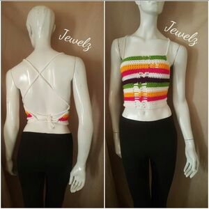 Crocheted Multicolor Stripe Tube Top with Tie Back